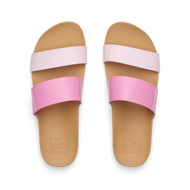 Top view of Cushion Vista women's sandals in cashmere rose with dual pink straps and cushioned footbed for beach comfort.
