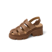 Vista Luxe Lucie women's sandal facing right, chocolate raffia upper with cushioned platform sole for comfort.