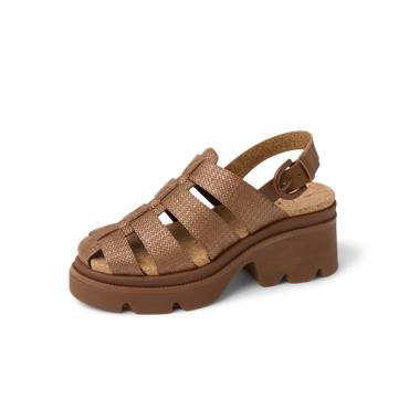 Vista Luxe Lucie women's sandal facing right, chocolate raffia upper with cushioned platform sole for comfort.