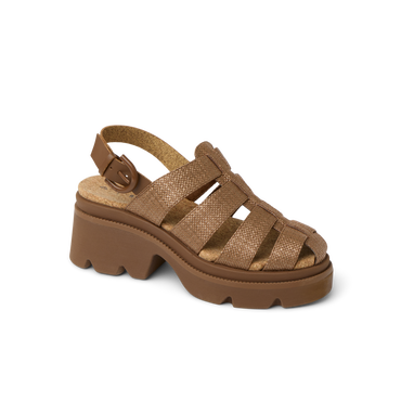 Vista Luxe Lucie women's sandal facing right, close-up on cushioned platform sole and textured straps in chocolate raffia