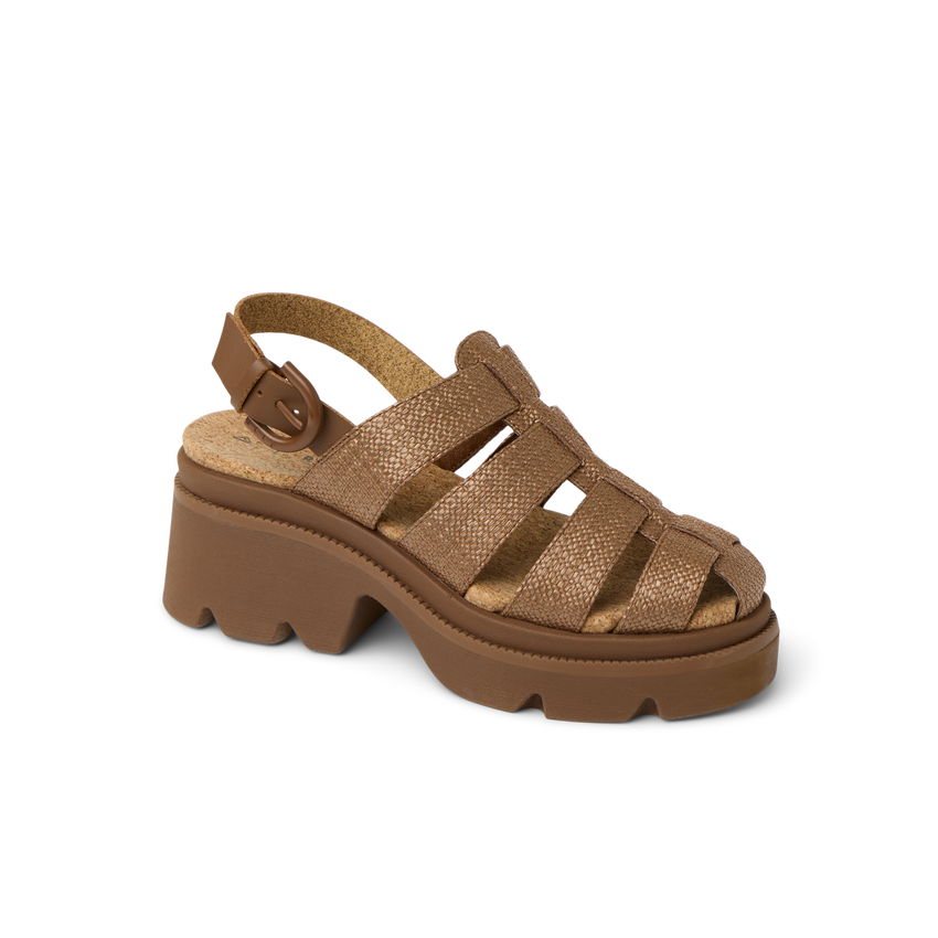 Vista Luxe Lucie women's sandal facing right, close-up on cushioned platform sole and textured straps in chocolate raffia