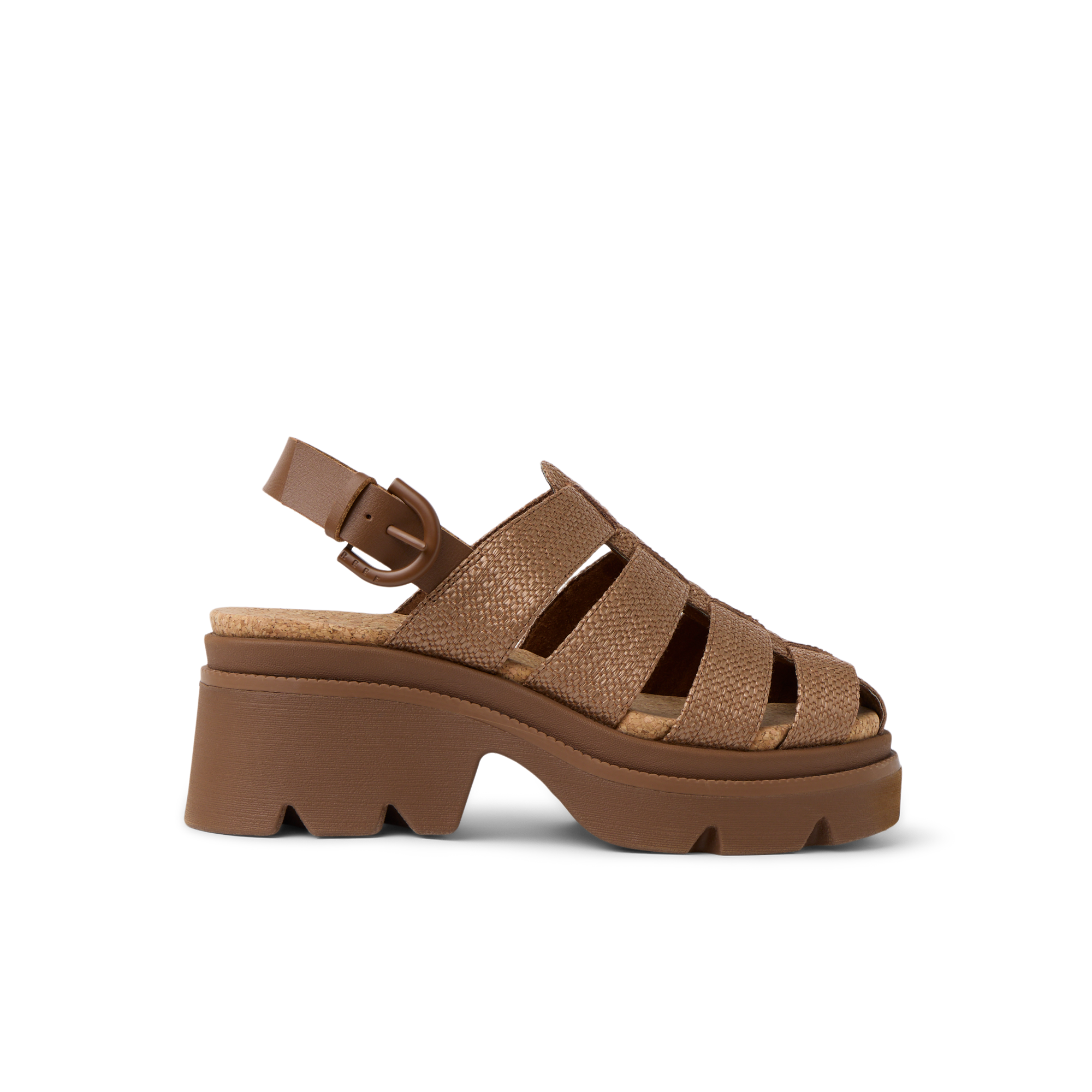 Vista Luxe Lucie women's brown raffia platform sandal facing right with arch support and cushioned sole for comfort.