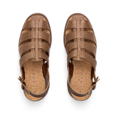 Vista Luxe Lucie women's sandals facing up, showing cushioned footbed and chocolate raffia straps, designed for comfort and beach use.