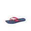 Solaye women's flip flop facing left with navy blue sole and red straps, featuring arch support and soft cushioning