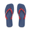 Solaye women's REEF flip flops top view, blue cushioned footbed with red straps, surf-inspired comfort sandals facing up.