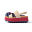 Water Vista Higher women's sandal facing left with pink platform sole, beige straps, and blue cushioned footbed.