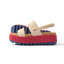 Water Vista Higher women's sandal facing left with pink platform sole, beige straps, and blue cushioned footbed.