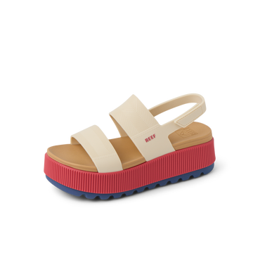 Water Vista Higher women’s sandal facing right, showing side profile with pink platform sole and beige straps.