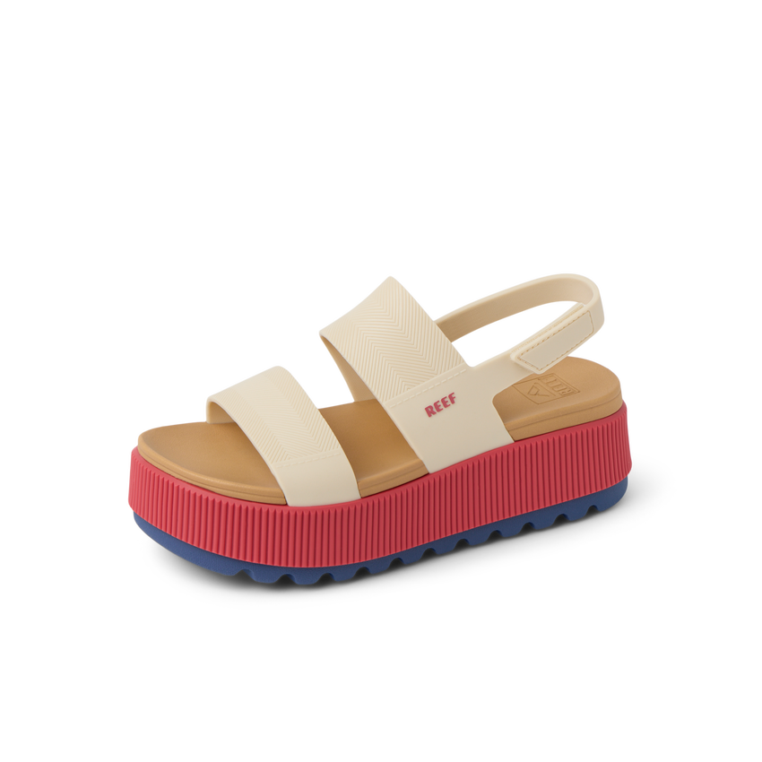 Water Vista Higher women’s sandal facing right, showing side profile with pink platform sole and beige straps.