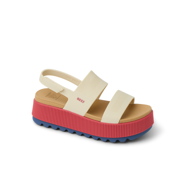 Water Vista Higher women’s sandal facing right, showing side with cushioned pink platform sole and cream straps.