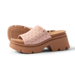 Vista Luxe Evie women's sandals facing right, pink floral upper with cushioned arch support and chunky sole.