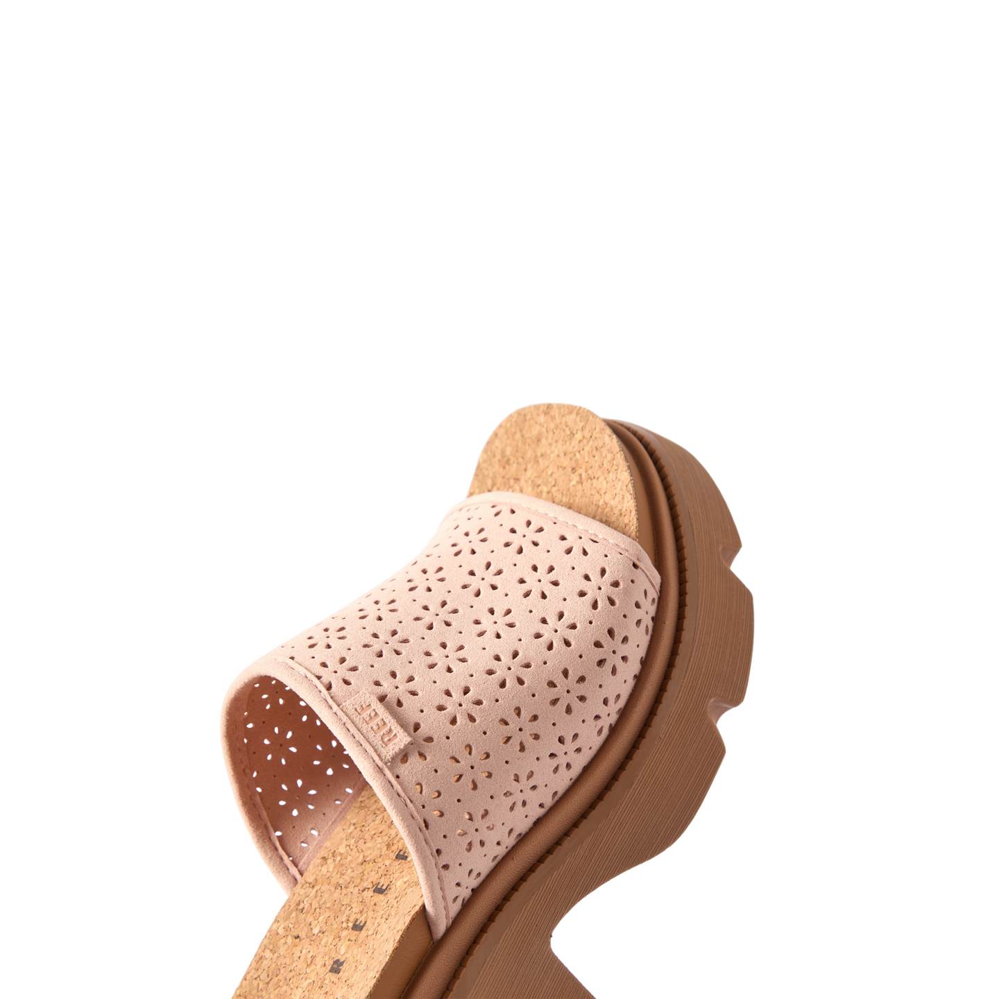 Vista Luxe Evie women's sandal facing left, close-up of front upper with floral cutout design and cushioned footbed.