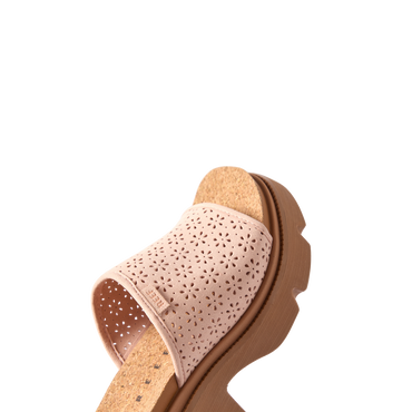 Vista Luxe Evie women's sandal facing left, close-up of front upper with floral cutout design and cushioned footbed.
