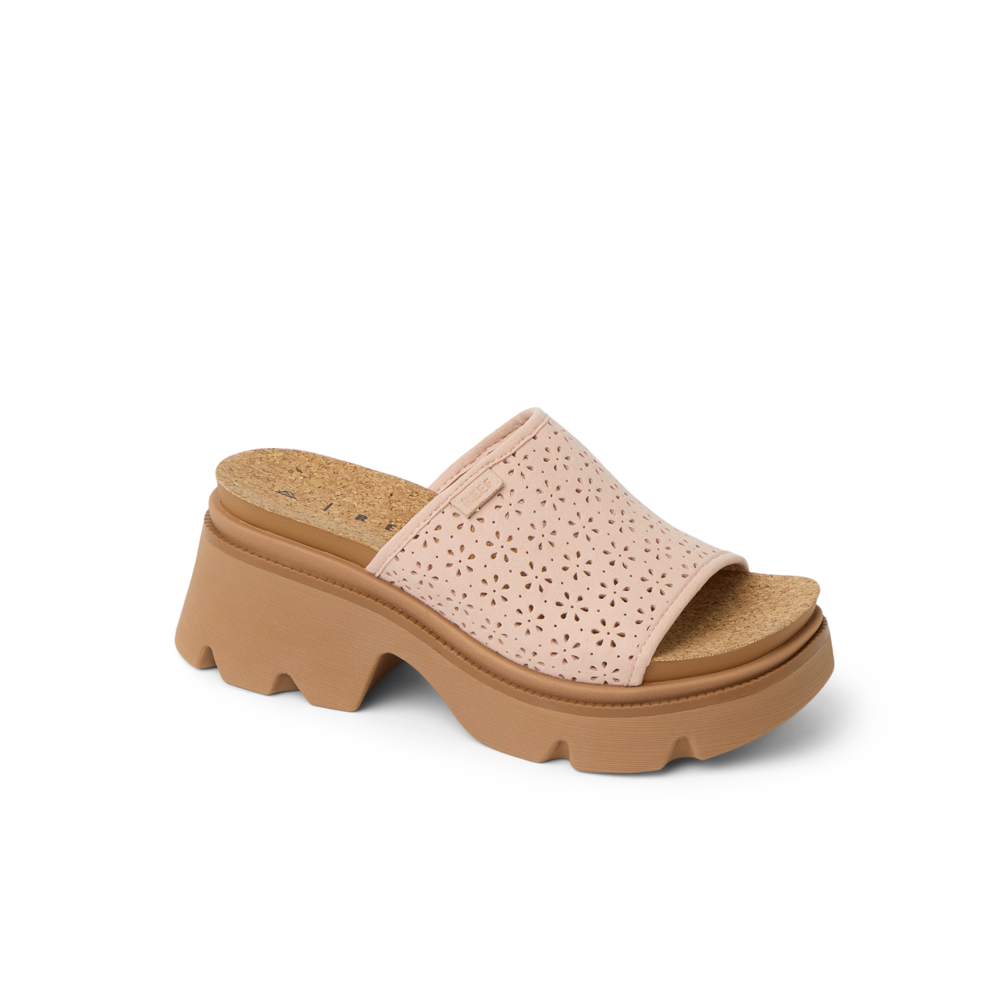 Vista Luxe Evie women's sandal facing right, close-up on perforated blush upper with cushioned cork footbed and chunky sole.