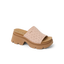 Vista Luxe Evie women's sandal facing right, close-up on perforated blush upper with cushioned cork footbed and chunky sole.