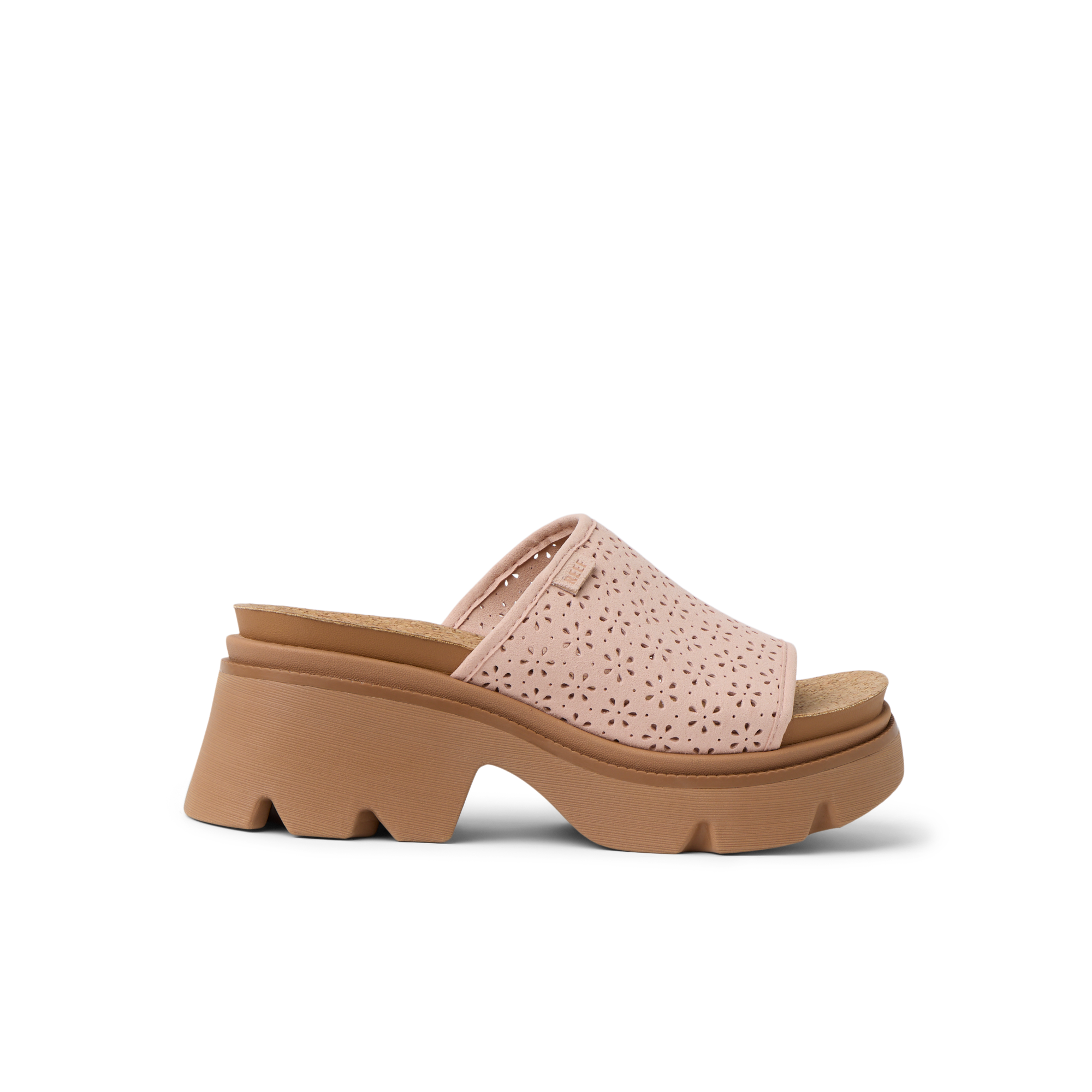 Vista Luxe Evie sandal facing right, featuring pink perforated upper and cushioned beige platform sole for beach comfort.