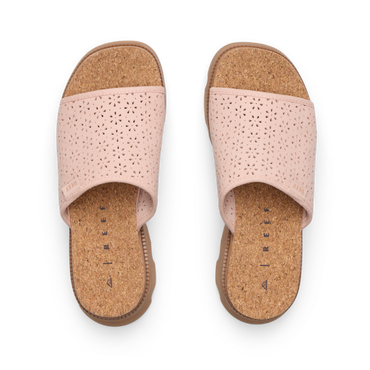 Vista Luxe Evie women's sandals facing up, cork footbed, soft pink perforated straps, comfort and arch support.
