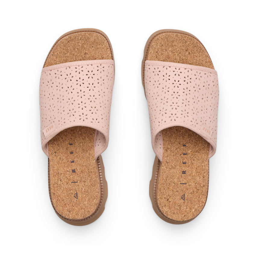 Vista Luxe Evie women's sandals facing up, cork footbed, soft pink perforated straps, comfort and arch support.