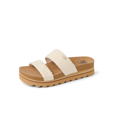 Cushion Vista Hi sandal facing right with floral textured straps, cork footbed, soft cushioning, and arch support for women.