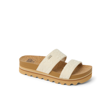 Cushion Vista Hi sandal facing left, showing dual upper straps with floral pattern and cushioned footbed for comfort.