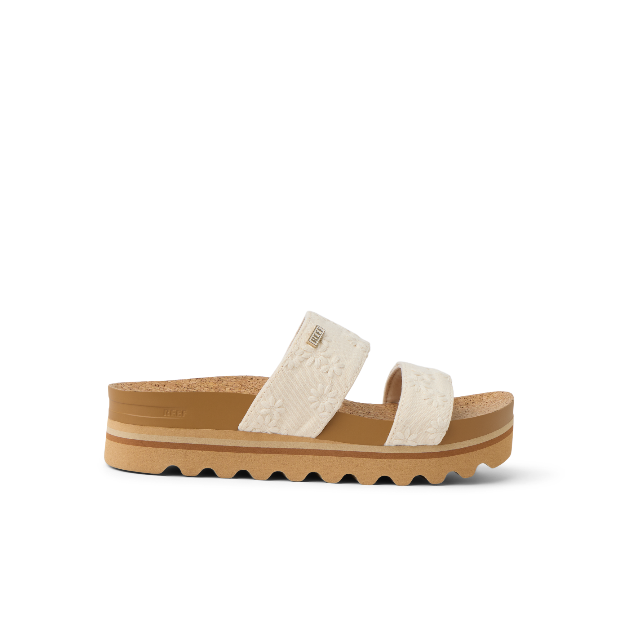 Cushion Vista Hi sandal facing left, soft-rebound cushioning, anatomical arch support, embroidered straps, beach-inspired comfort.
