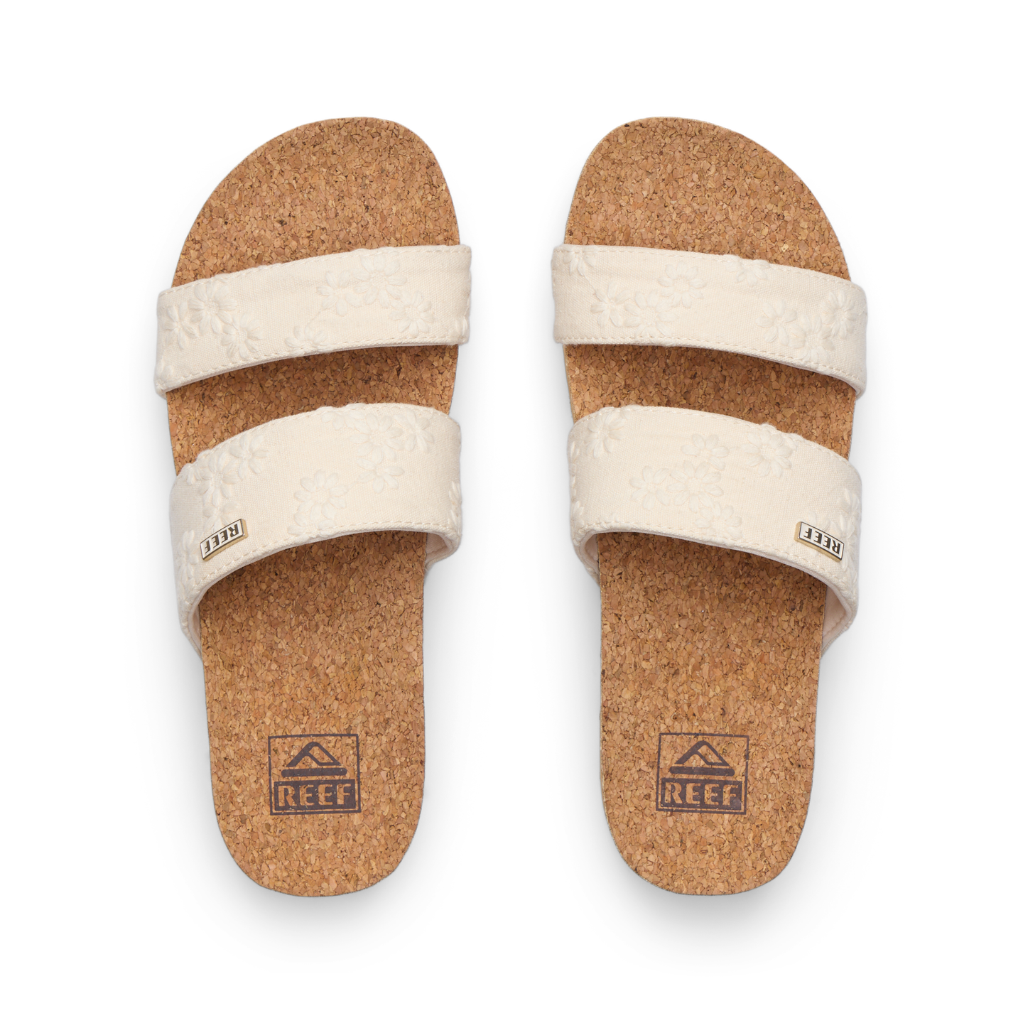 Cushion Vista Hi women's sandals facing upward with cork footbeds, padded straps, anatomical arch support, beach-inspired comfort.