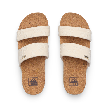 Cushion Vista Hi women's sandals facing upward with cork footbeds, padded straps, anatomical arch support, beach-inspired comfort.