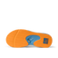 Fanning shoe sole facing upward showing durable orange tread and blue molded arch support with REEF branding for men.