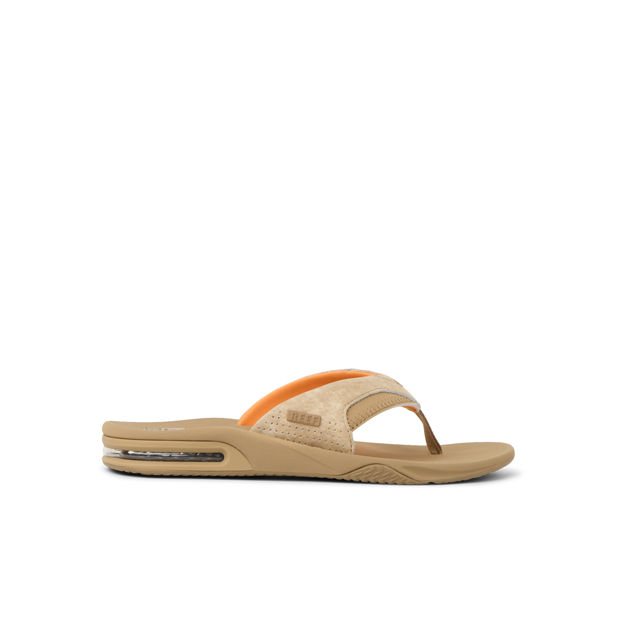 Fanning men's right-facing tan flip flop sandal with anatomical arch support and soft cushioning by REEF