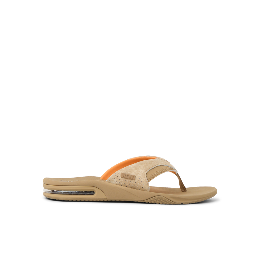 Fanning men's right-facing tan flip flop sandal with anatomical arch support and soft cushioning by REEF