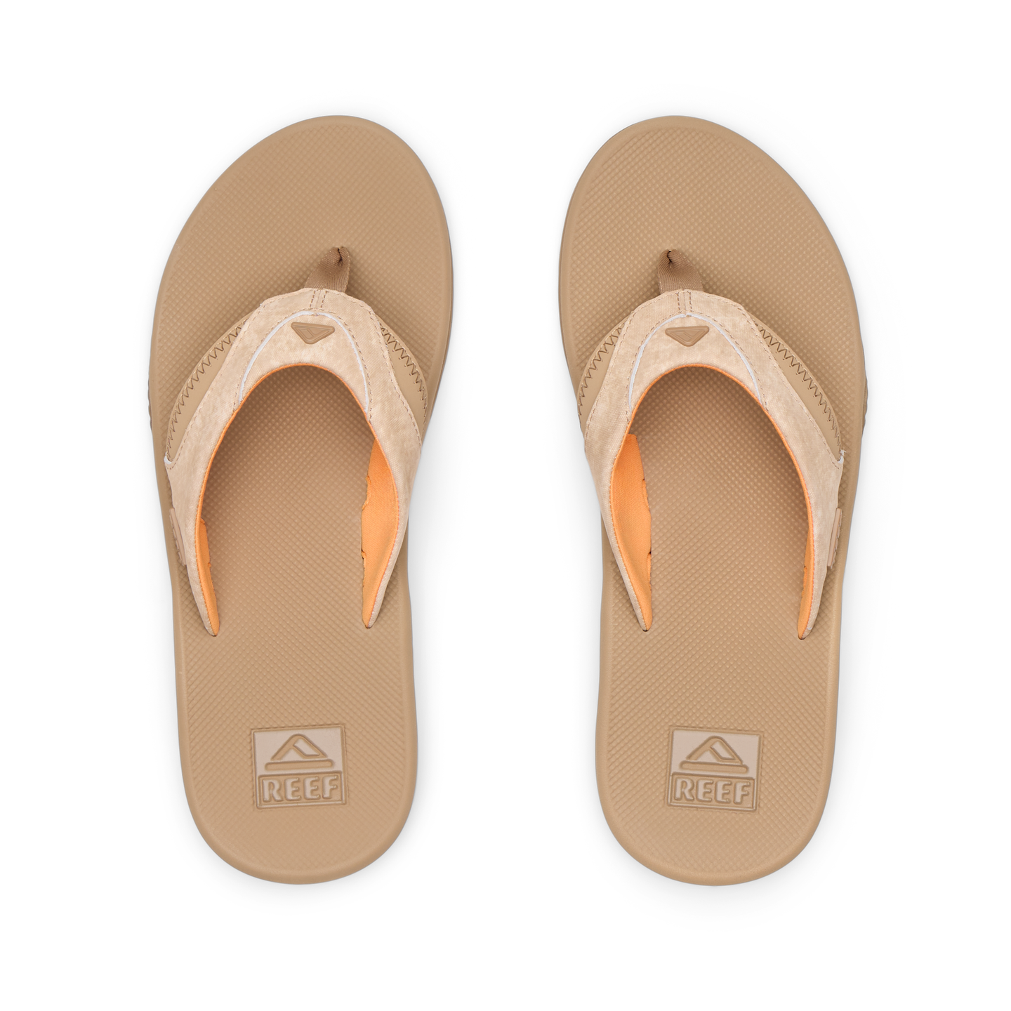 Fanning tan men's flip flops top view, showing cushioned footbed with arch support and soft water-friendly straps.