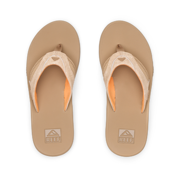 Fanning tan men's flip flops top view, showing cushioned footbed with arch support and soft water-friendly straps.