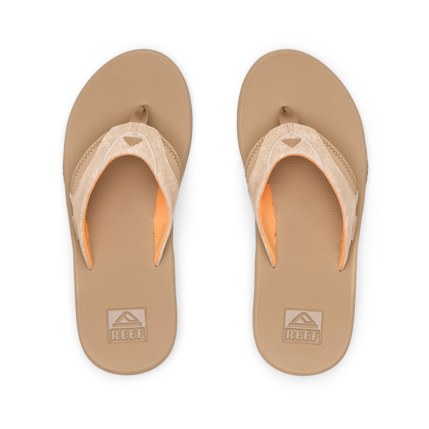 Fanning tan men's flip flops top view, showing cushioned footbed with arch support and soft water-friendly straps.