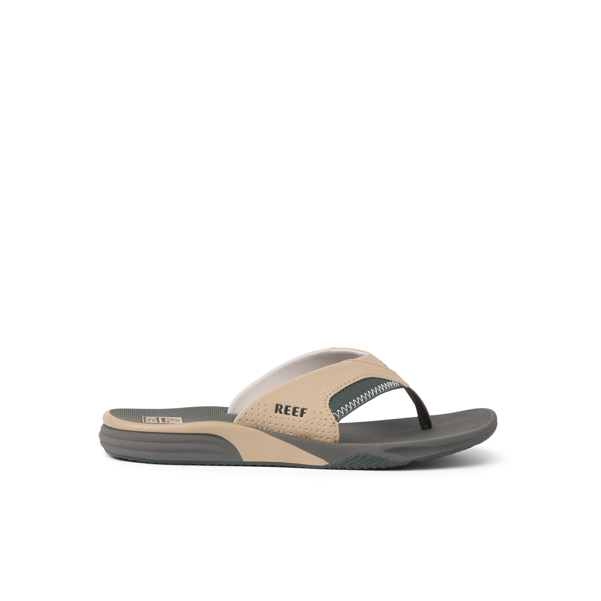 Side view of a right Cushion Fanning sandal with soft cushioning and arch support, designed for beach comfort.