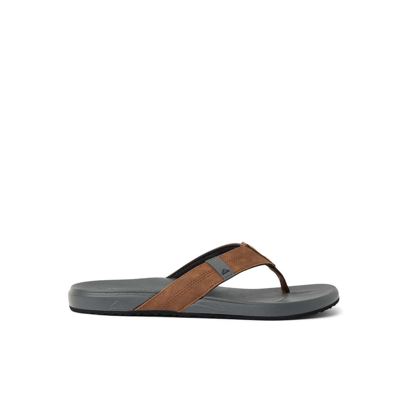 Side view of Cushion Phantom sandal with brown straps and gray cushioned sole for beach and everyday comfort