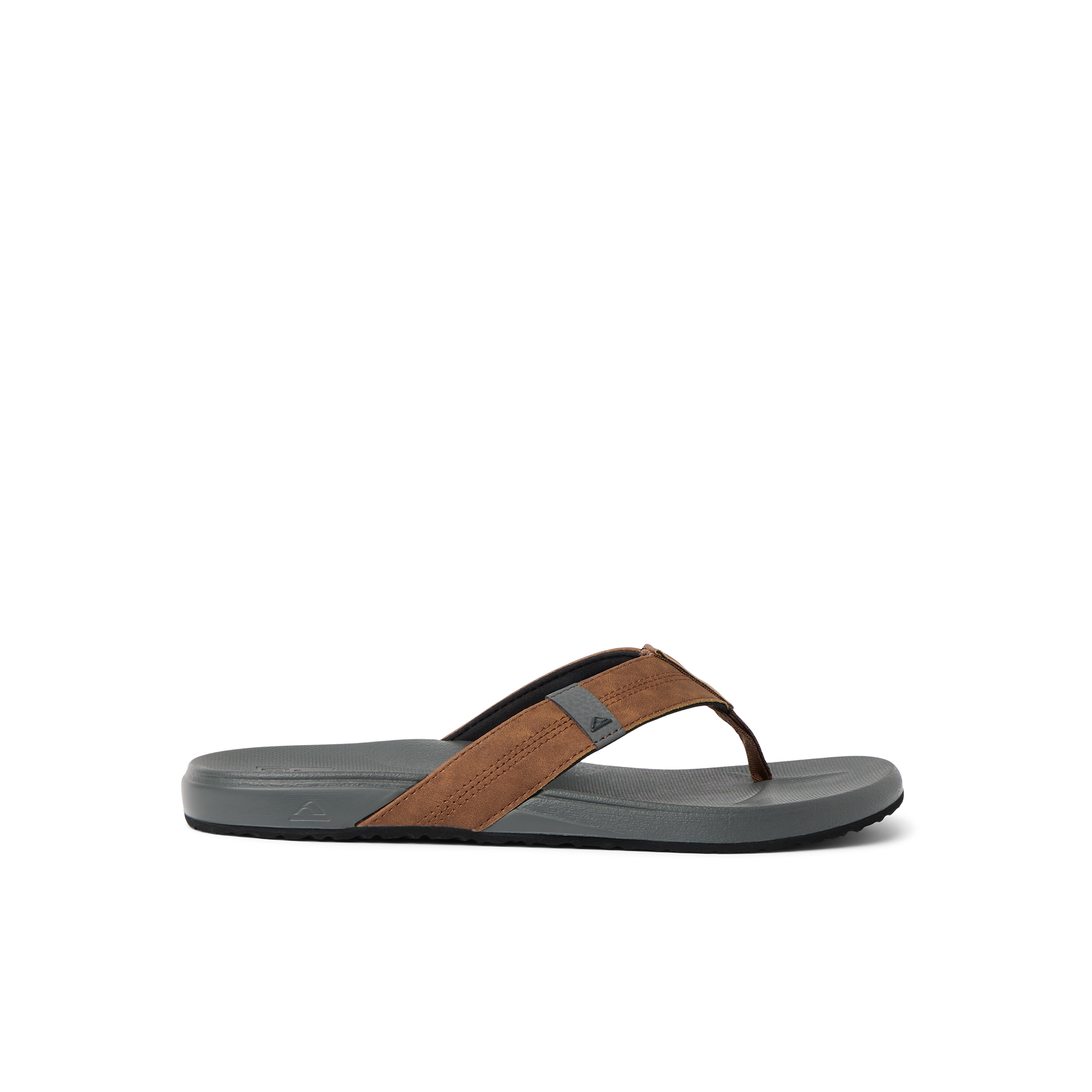 Side view of Cushion Phantom sandal with brown straps and gray cushioned sole for beach and everyday comfort