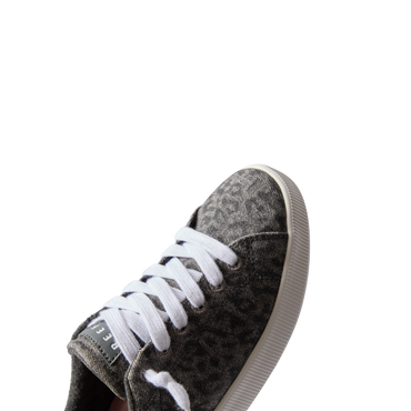 Close-up of the front and side of the Neptune Alana sneaker in denim cheetah, featuring soft-rebound cushioning and arch support.