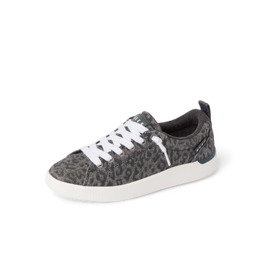 Neptune Alana women's sneaker facing left, close-up of front and side with cushioned sole and leopard print design.