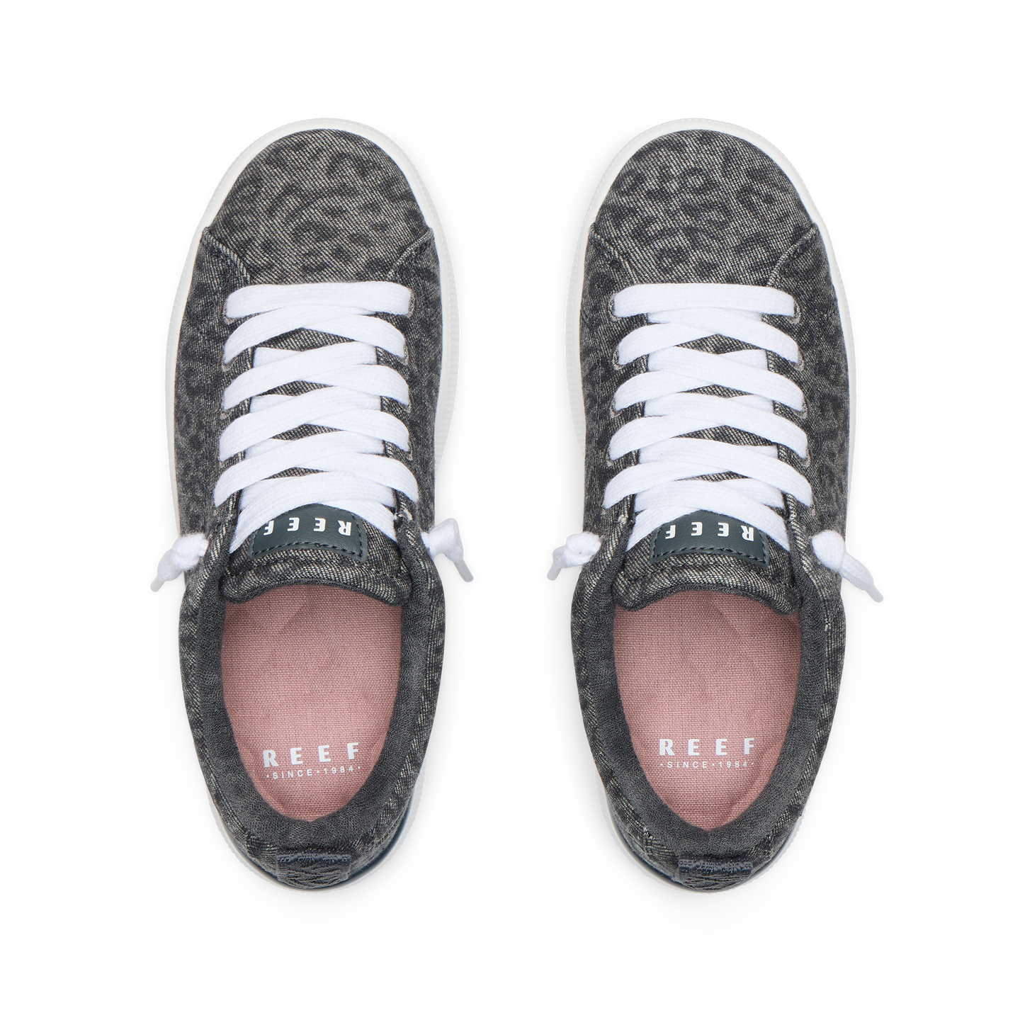 Top view of Neptune Alana women's sneakers with denim cheetah print, cushioned footbeds, and white laces facing forward.
