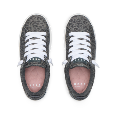 Top view of Neptune Alana women's sneakers with denim cheetah print, cushioned footbeds, and white laces facing forward.