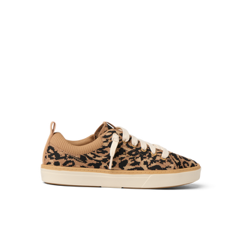 Lay Day Lite sneaker for women, right side view, leopard print, lightweight, cushioned, anatomically supported shoe.