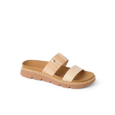 Vista Luxe Thea women's sandal facing right, close-up of soft vegan leather and raffia straps with arch support.