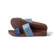 Pair of Cushion Vista sandals in blue tones, left sandal facing right and sole of right sandal visible, lightweight and cushioned.