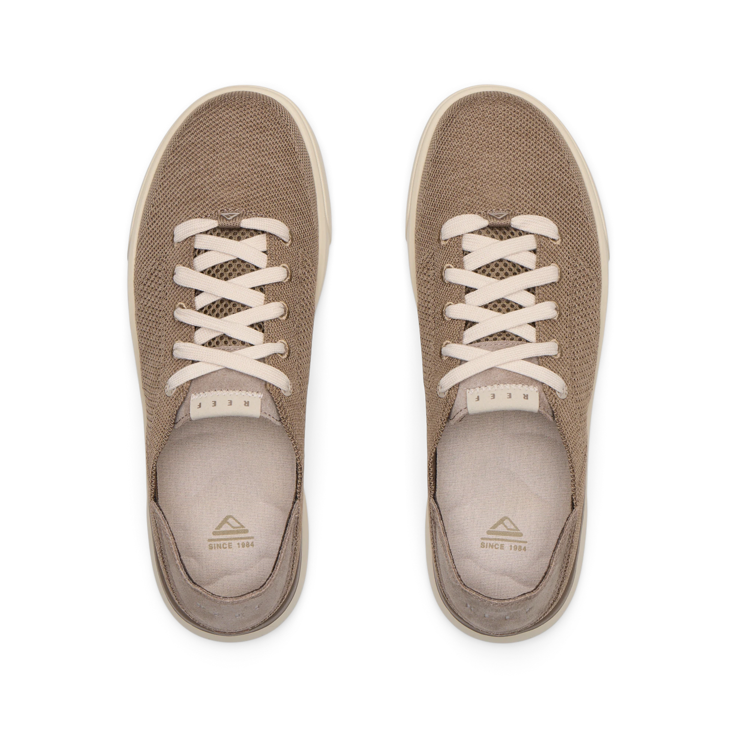 Top-down view of tan Neptune HT men's shoes featuring REEFflex cushioning, anatomical arch support, and water-friendly materials.