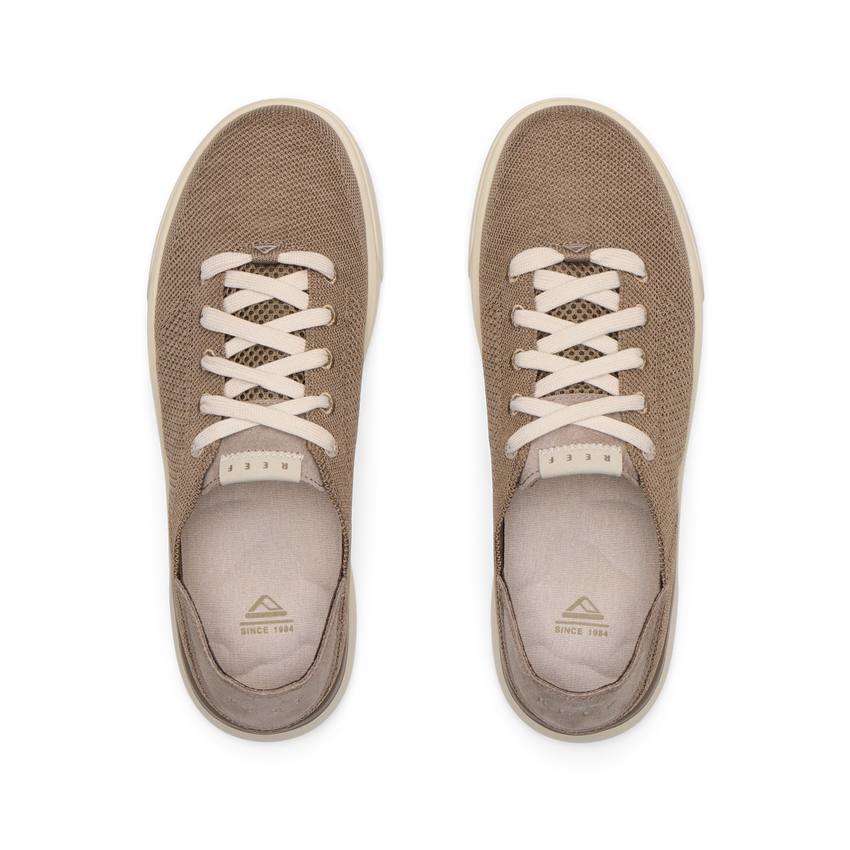 Top-down view of tan Neptune HT men's shoes featuring REEFflex cushioning, anatomical arch support, and water-friendly materials.