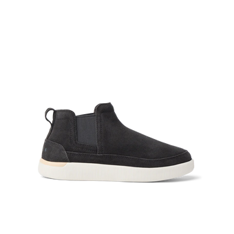 Black ankle sneaker facing right with an elastic side panel and white cushioned sole