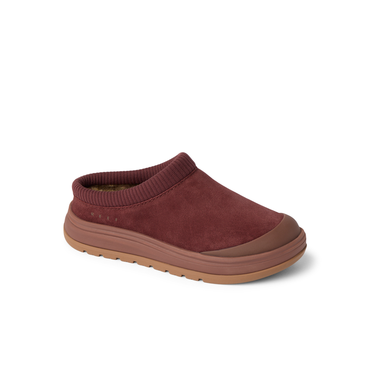 Campfire Lodge brown suede clog facing right with plush cushioning and arch support