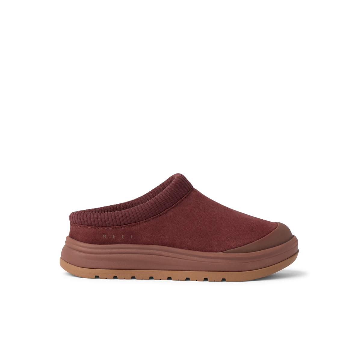 Campfire Lodge brown suede clog facing right with plush cushioning and anatomical arch support