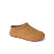 Campfire Lodge tan suede clog facing right with cushioned sole and cozy ribbed collar
