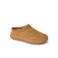 Campfire Lodge tan suede clog facing right with cushioned sole and cozy ribbed collar